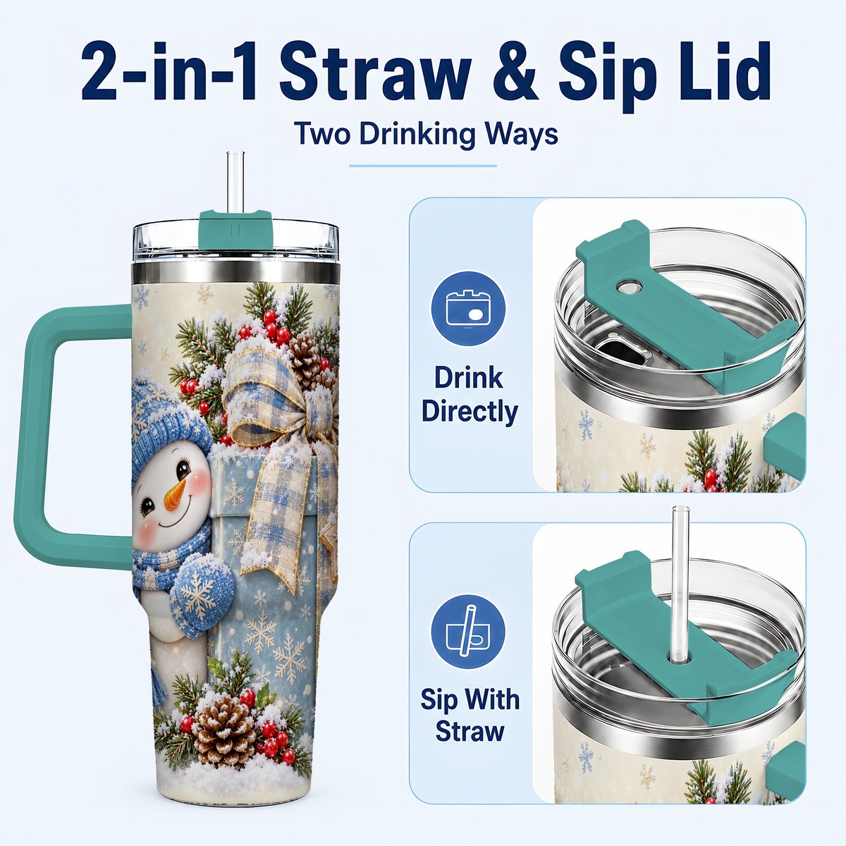#pl[40oz|Green] Christmas Snowman 40oz Tumbler with Handle, Holiday Cup for Women