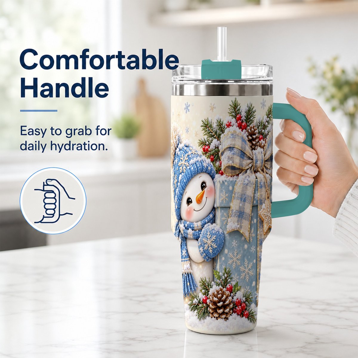 #pl[40oz|Green] Christmas Snowman 40oz Tumbler with Handle, Holiday Cup for Women