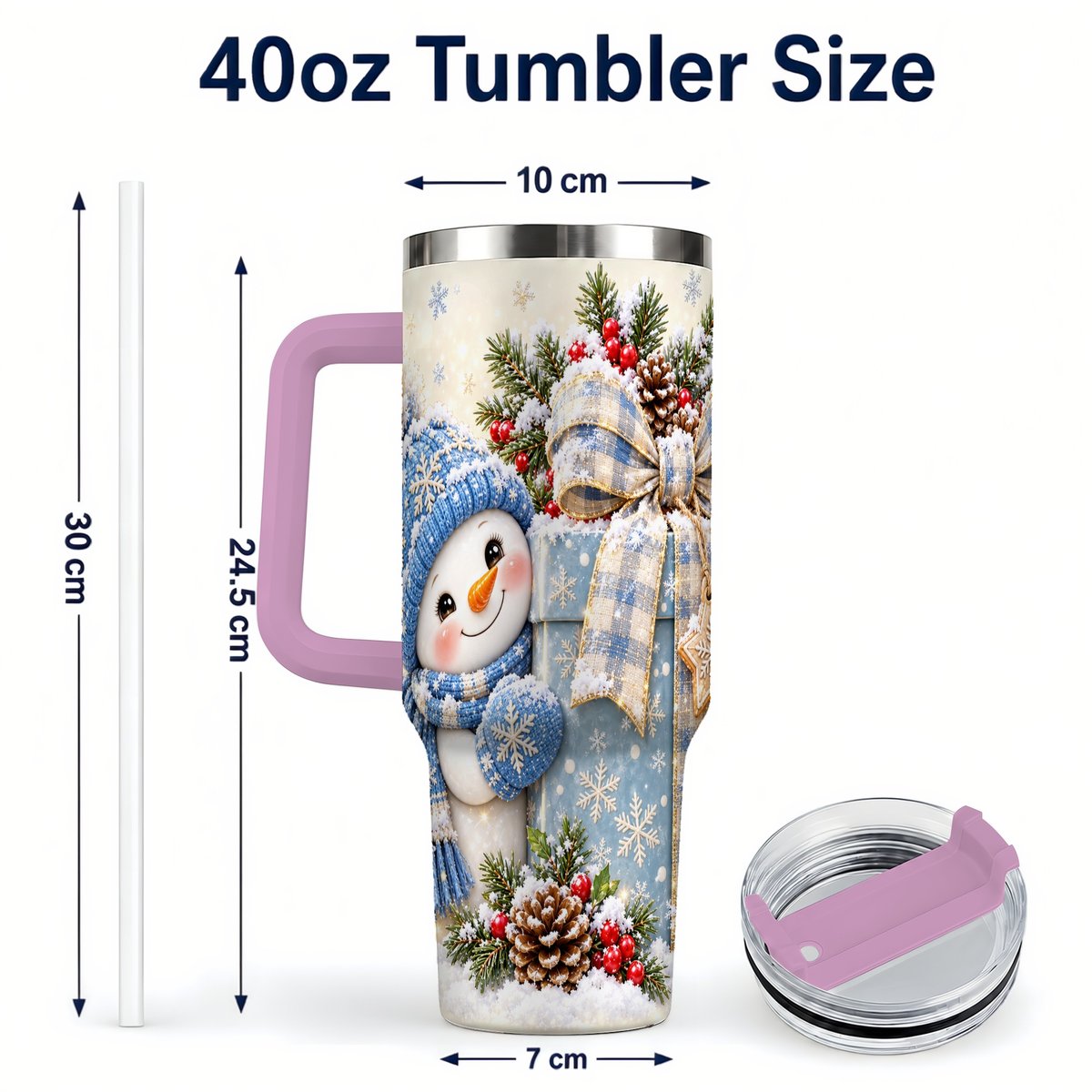 #pl[40oz|Pink] Christmas Snowman 40oz Tumbler with Handle, Holiday Cup for Women