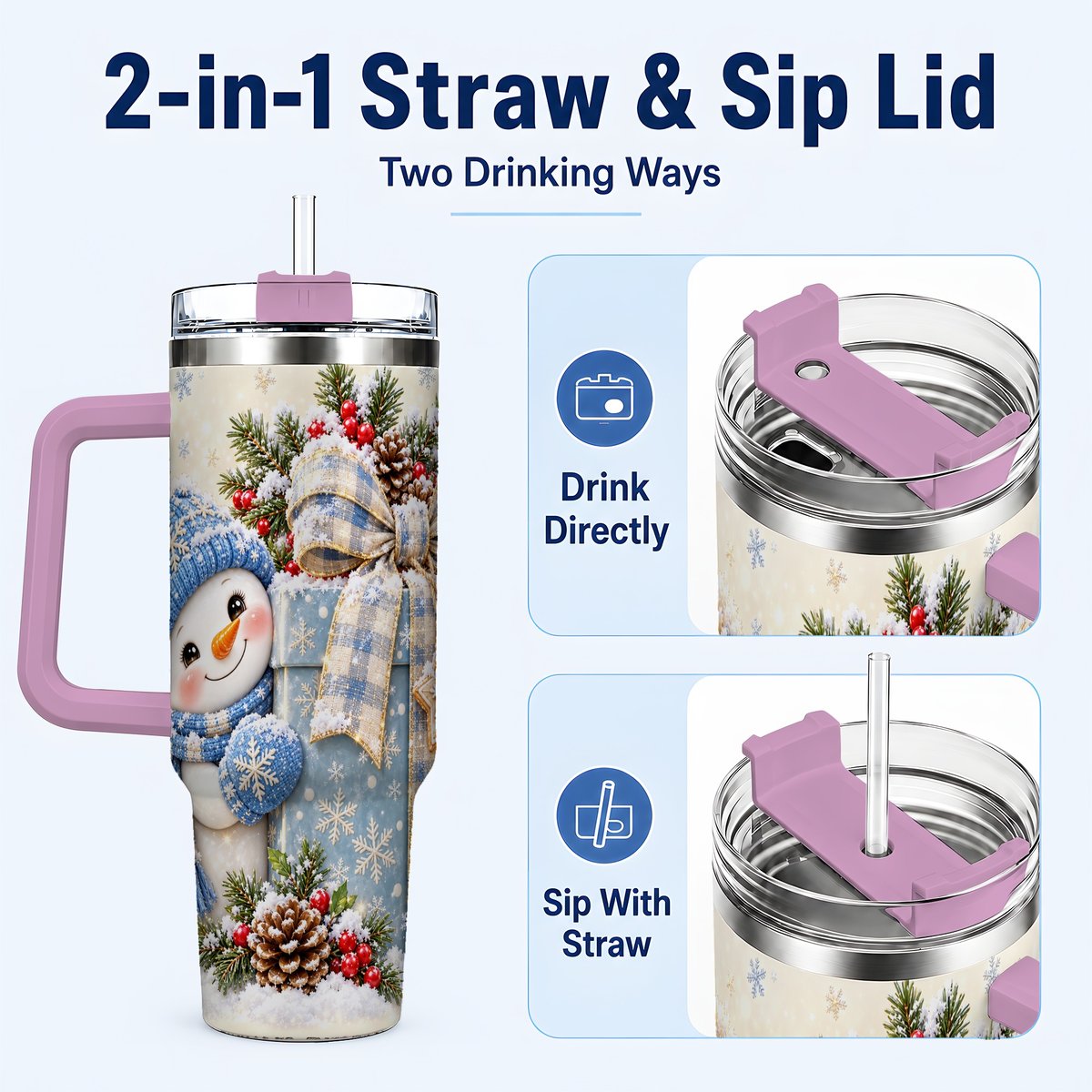 #pl[40oz|Pink] Christmas Snowman 40oz Tumbler with Handle, Holiday Cup for Women