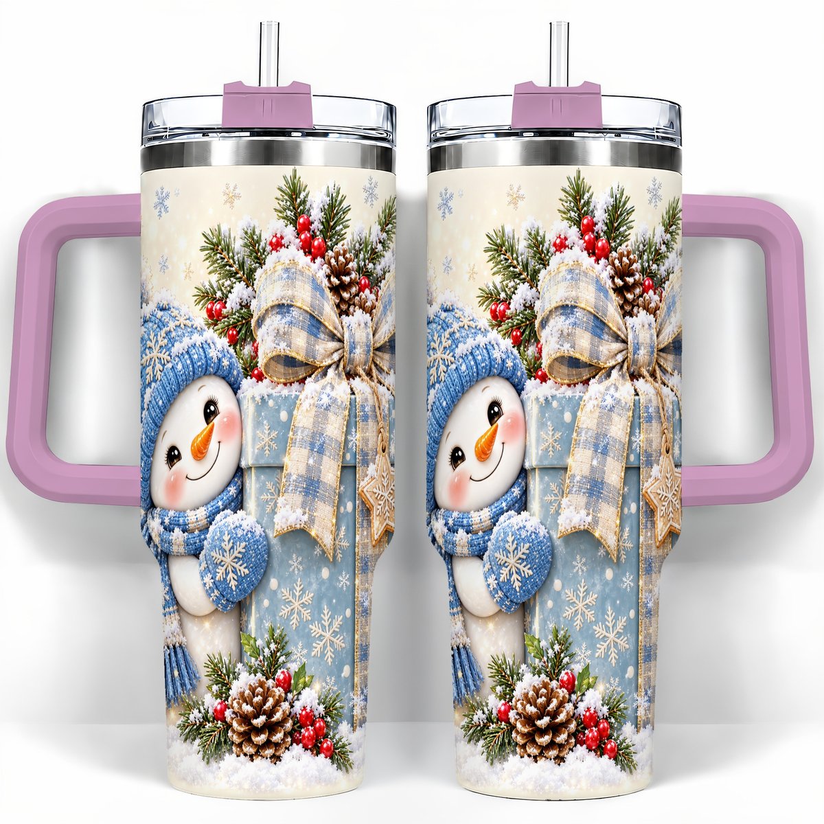 #pl[40oz|Pink] Christmas Snowman 40oz Tumbler with Handle, Holiday Cup for Women