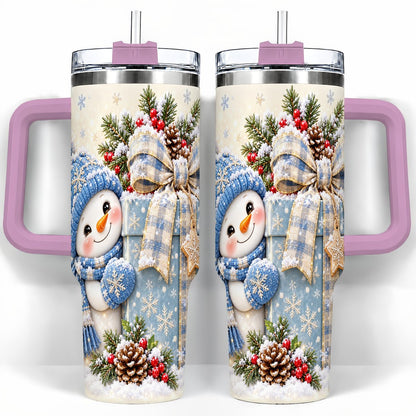 #pl[40oz|Pink] Christmas Snowman 40oz Tumbler with Handle, Holiday Cup for Women