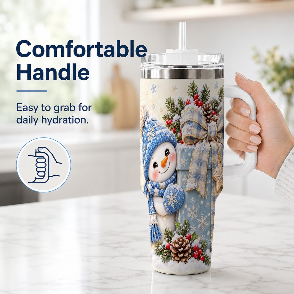 #pl[40oz|White] Christmas Snowman 40oz Tumbler with Handle, Holiday Cup for Women