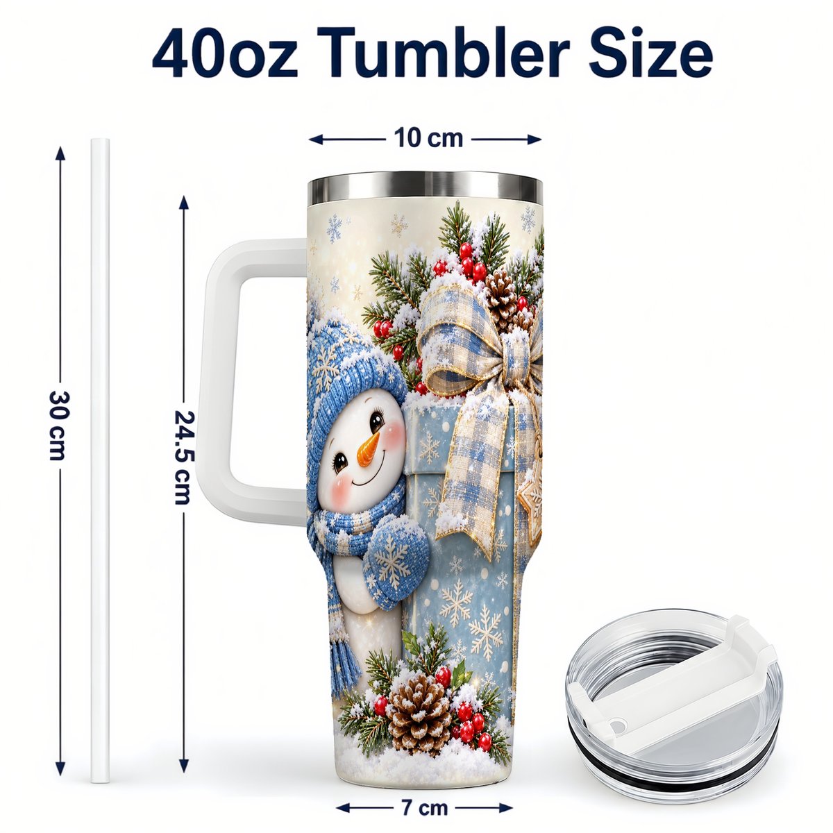 #pl[40oz|White] Christmas Snowman 40oz Tumbler with Handle, Holiday Cup for Women