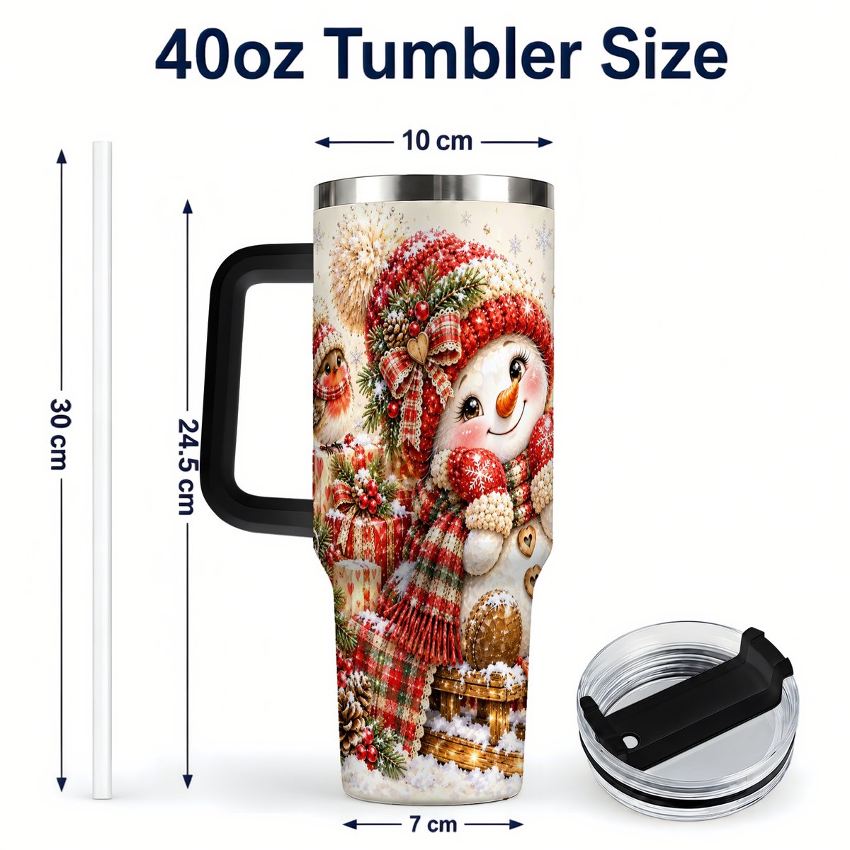 #pl[40oz|Black] Snowman on Sled 40oz Tumbler with Handle, Christmas Cup for Women