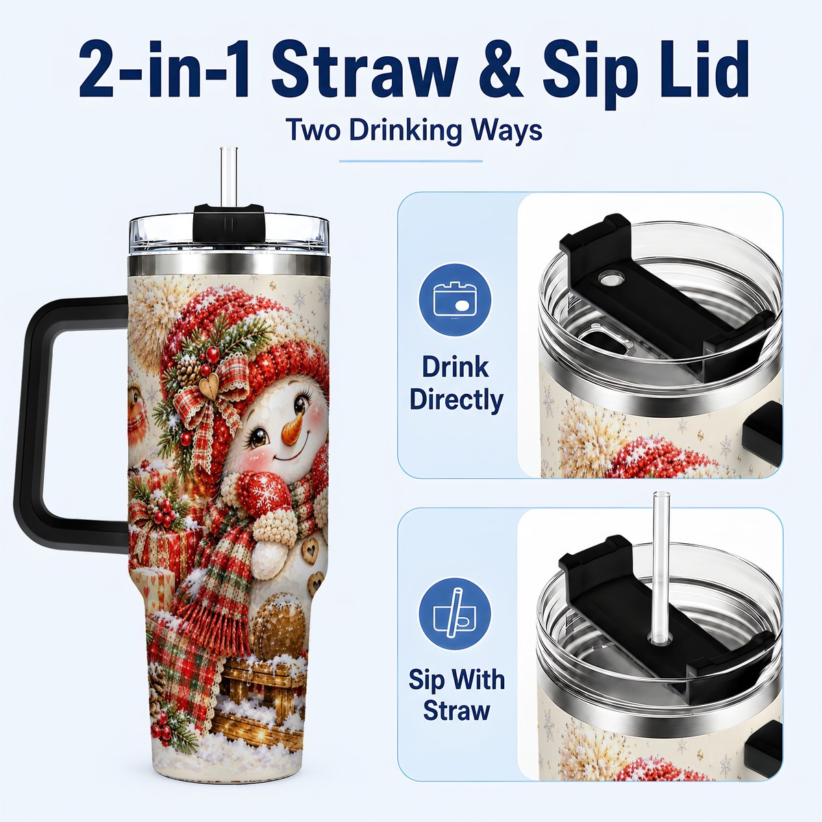 #pl[40oz|Black] Snowman on Sled 40oz Tumbler with Handle, Christmas Cup for Women