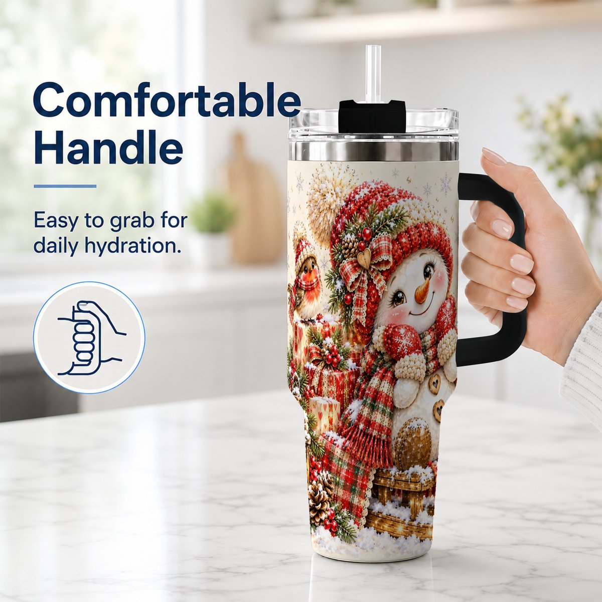 #pl[40oz|Black] Snowman on Sled 40oz Tumbler with Handle, Christmas Cup for Women