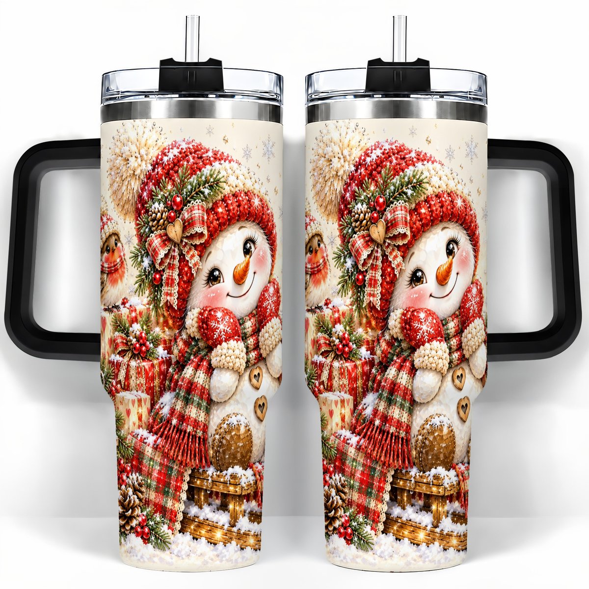 #pl[40oz|Black] Snowman on Sled 40oz Tumbler with Handle, Christmas Cup for Women