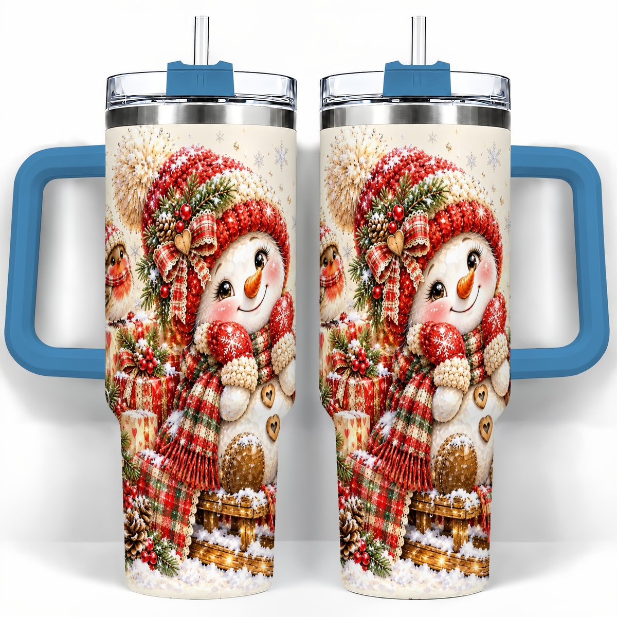 #pl[40oz|Blue] Snowman on Sled 40oz Tumbler with Handle, Christmas Cup for Women