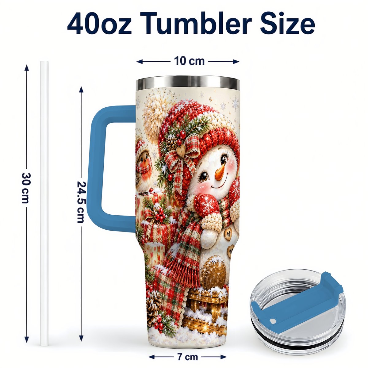 #pl[40oz|Blue] Snowman on Sled 40oz Tumbler with Handle, Christmas Cup for Women