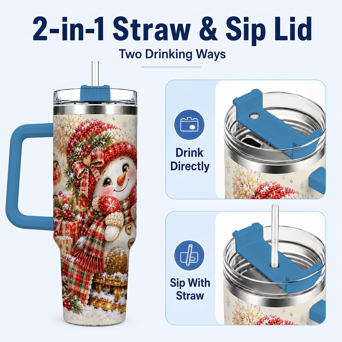 #pl[40oz|Blue] Snowman on Sled 40oz Tumbler with Handle, Christmas Cup for Women
