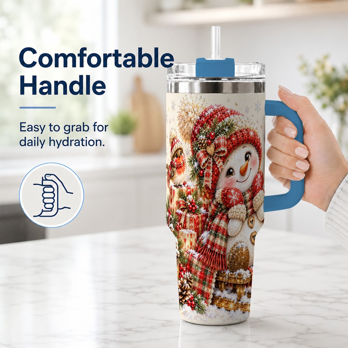 #pl[40oz|Blue] Snowman on Sled 40oz Tumbler with Handle, Christmas Cup for Women