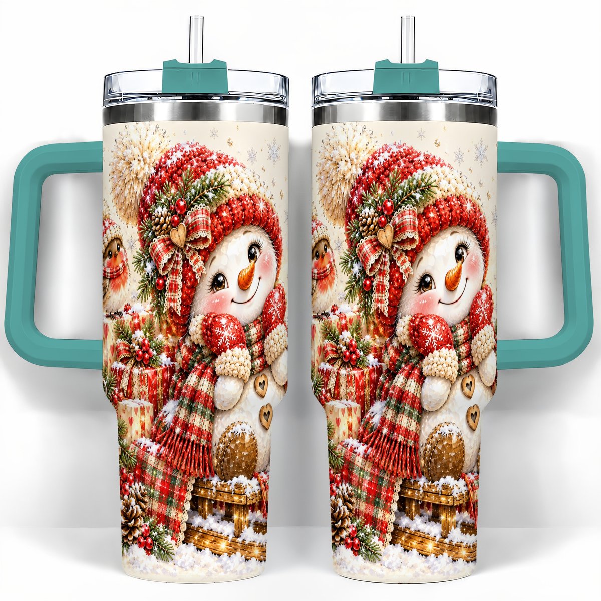 #pl[40oz|Green] Snowman on Sled 40oz Tumbler with Handle, Christmas Cup for Women