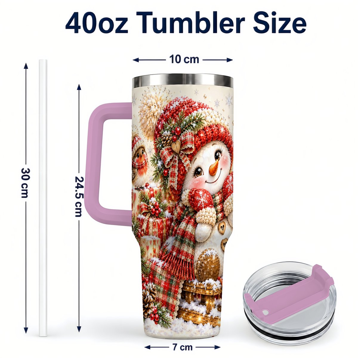 #pl[40oz|Pink] Snowman on Sled 40oz Tumbler with Handle, Christmas Cup for Women