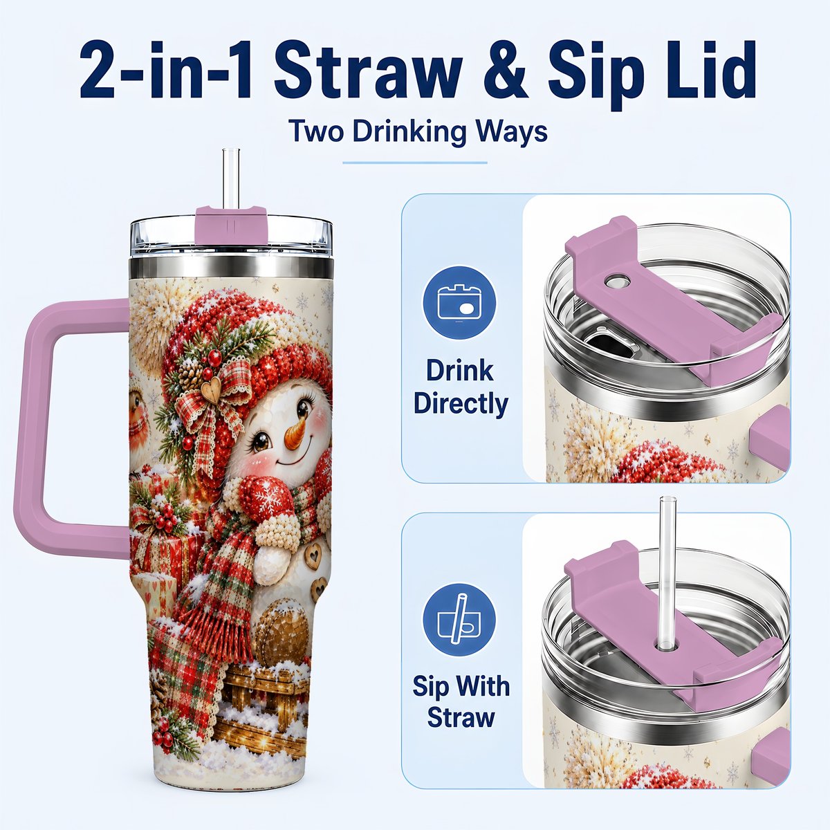 #pl[40oz|Pink] Snowman on Sled 40oz Tumbler with Handle, Christmas Cup for Women