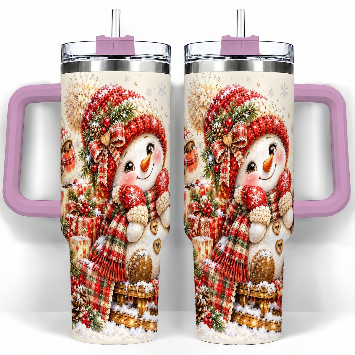 #pl[40oz|Pink] Snowman on Sled 40oz Tumbler with Handle, Christmas Cup for Women
