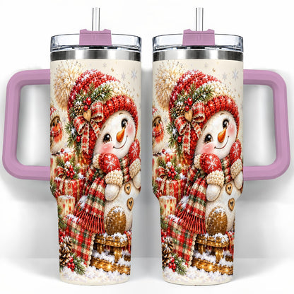 #pl[40oz|Pink] Snowman on Sled 40oz Tumbler with Handle, Christmas Cup for Women