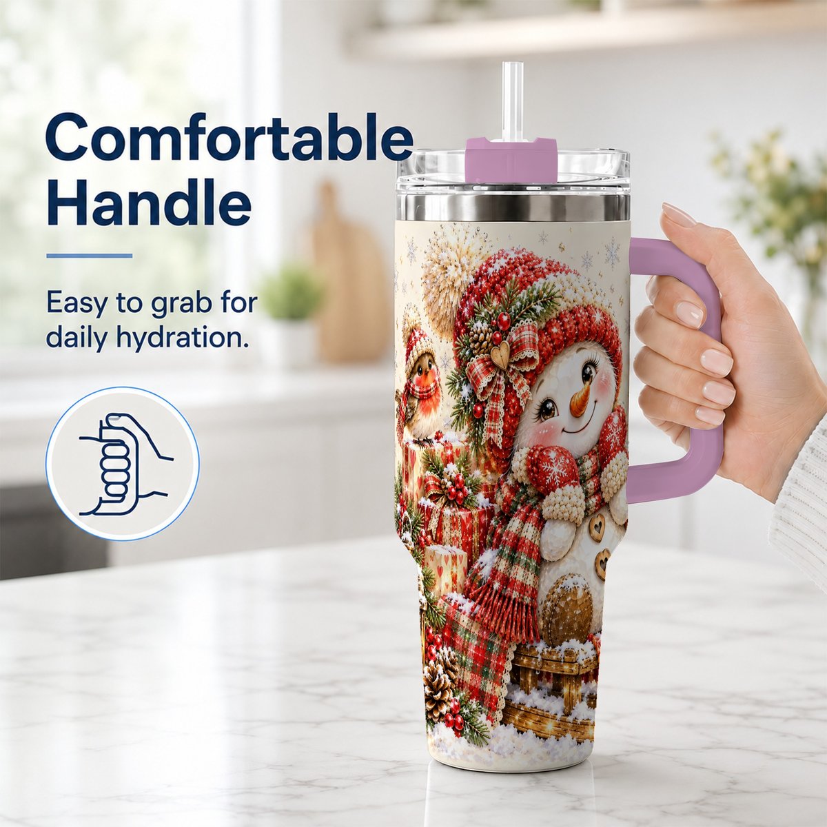 #pl[40oz|Pink] Snowman on Sled 40oz Tumbler with Handle, Christmas Cup for Women