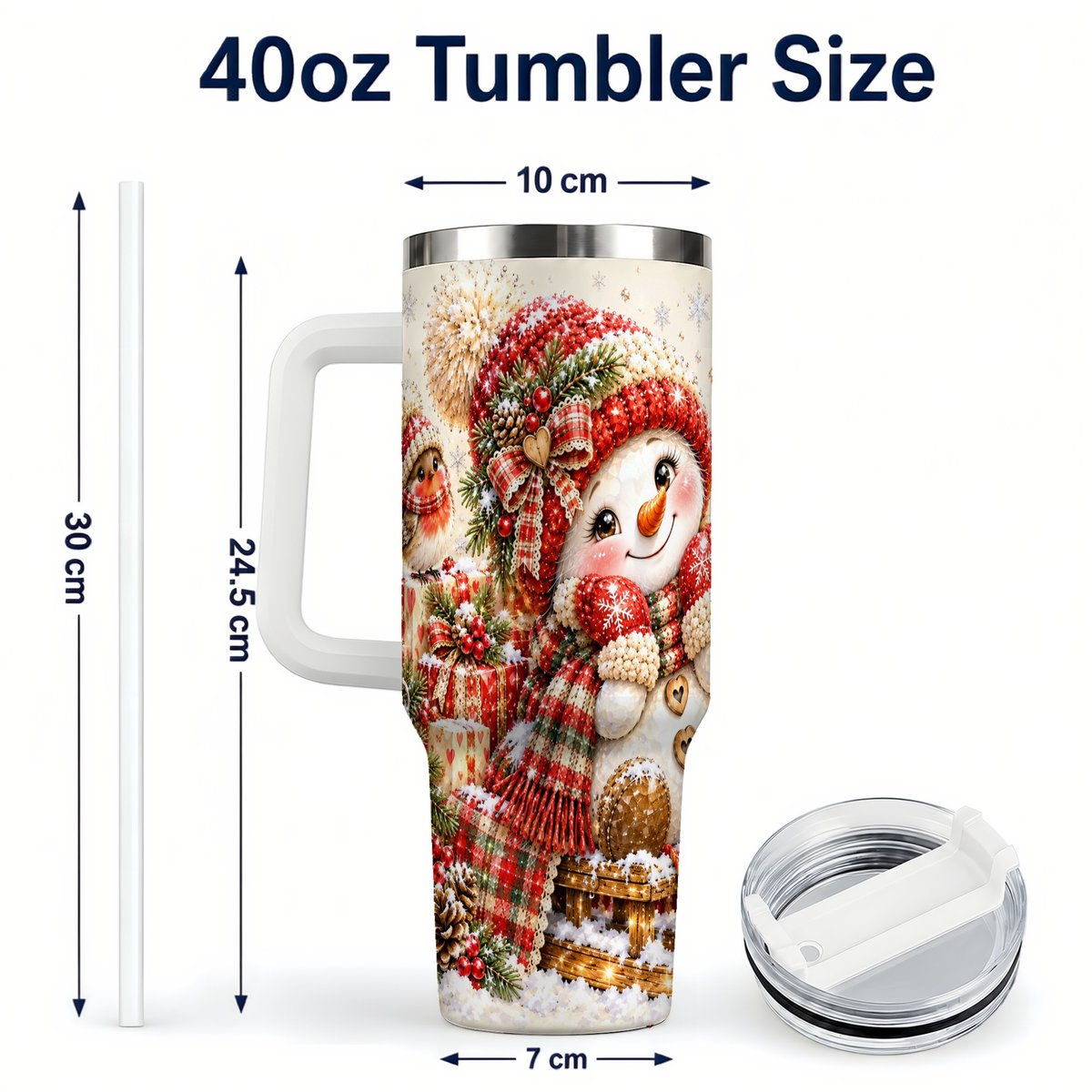 #pl[40oz|White] Snowman on Sled 40oz Tumbler with Handle, Christmas Cup for Women