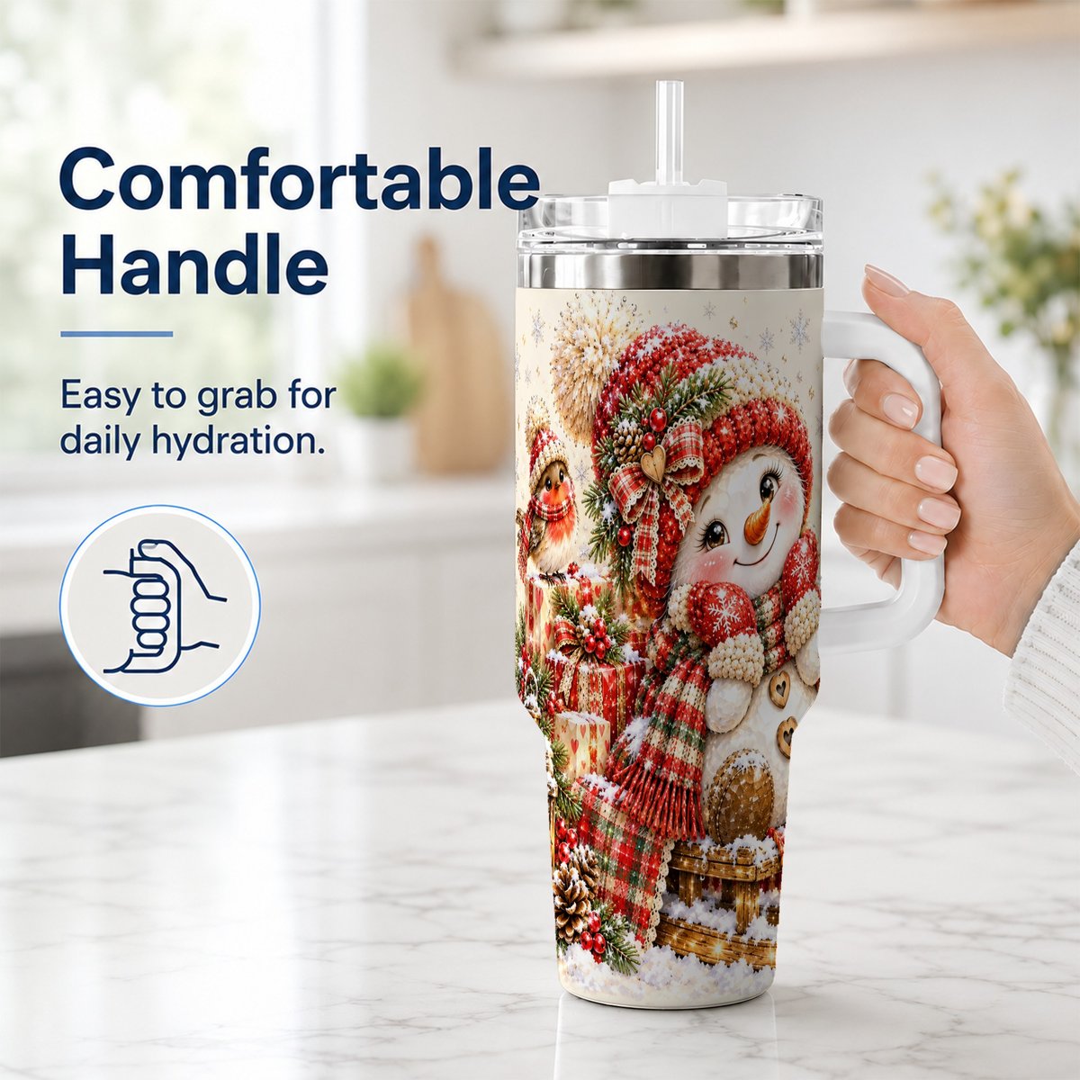 #pl[40oz|White] Snowman on Sled 40oz Tumbler with Handle, Christmas Cup for Women