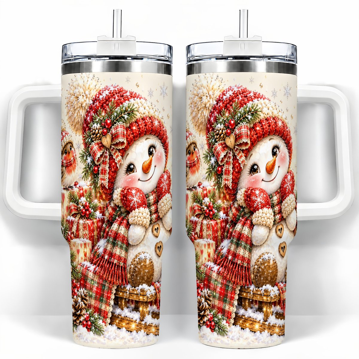 Snowman on Sled 40oz Tumbler with Handle, Christmas Cup for Women