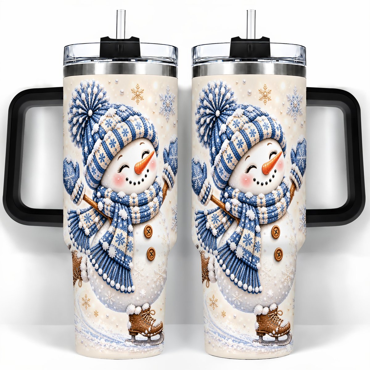 #pl[40oz|Black] Ice Skating Snowman 40oz Tumbler with Handle, Winter Cup for Women