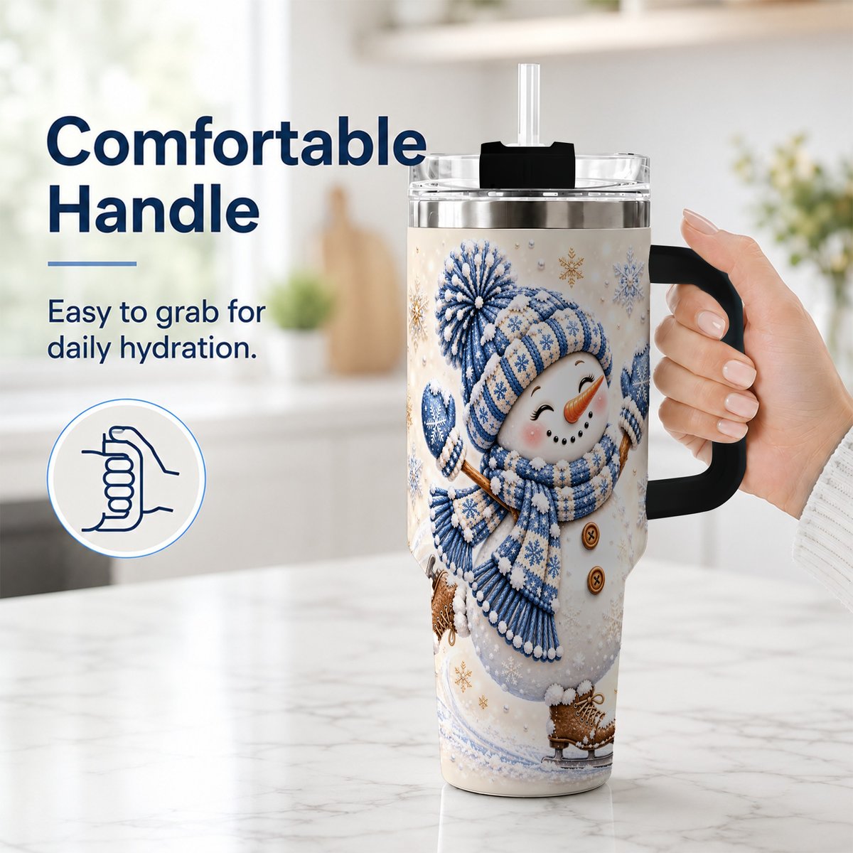 #pl[40oz|Black] Ice Skating Snowman 40oz Tumbler with Handle, Winter Cup for Women