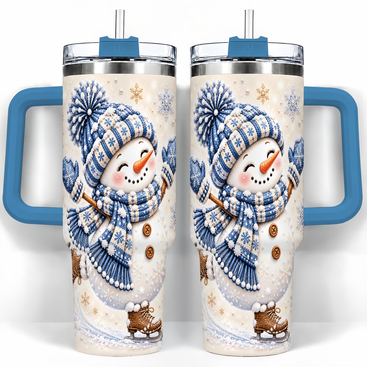 #pl[40oz|Blue] Ice Skating Snowman 40oz Tumbler with Handle, Winter Cup for Women