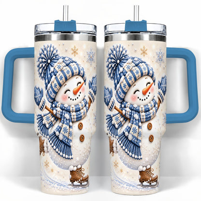 #pl[40oz|Blue] Ice Skating Snowman 40oz Tumbler with Handle, Winter Cup for Women