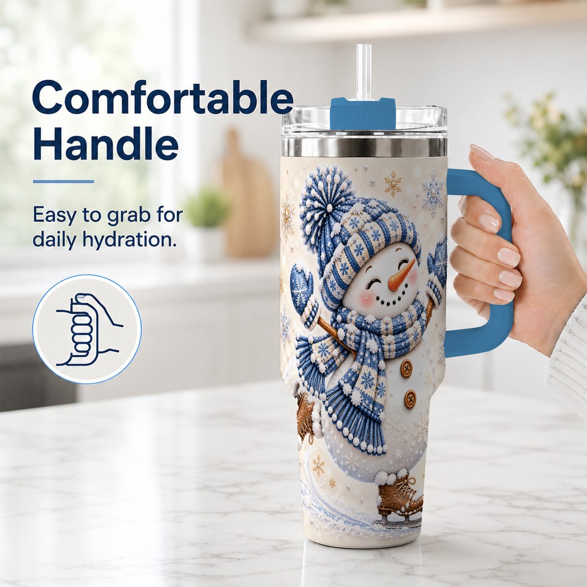 #pl[40oz|Blue] Ice Skating Snowman 40oz Tumbler with Handle, Winter Cup for Women