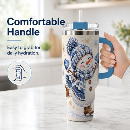 #pl[40oz|Blue] Ice Skating Snowman 40oz Tumbler with Handle, Winter Cup for Women