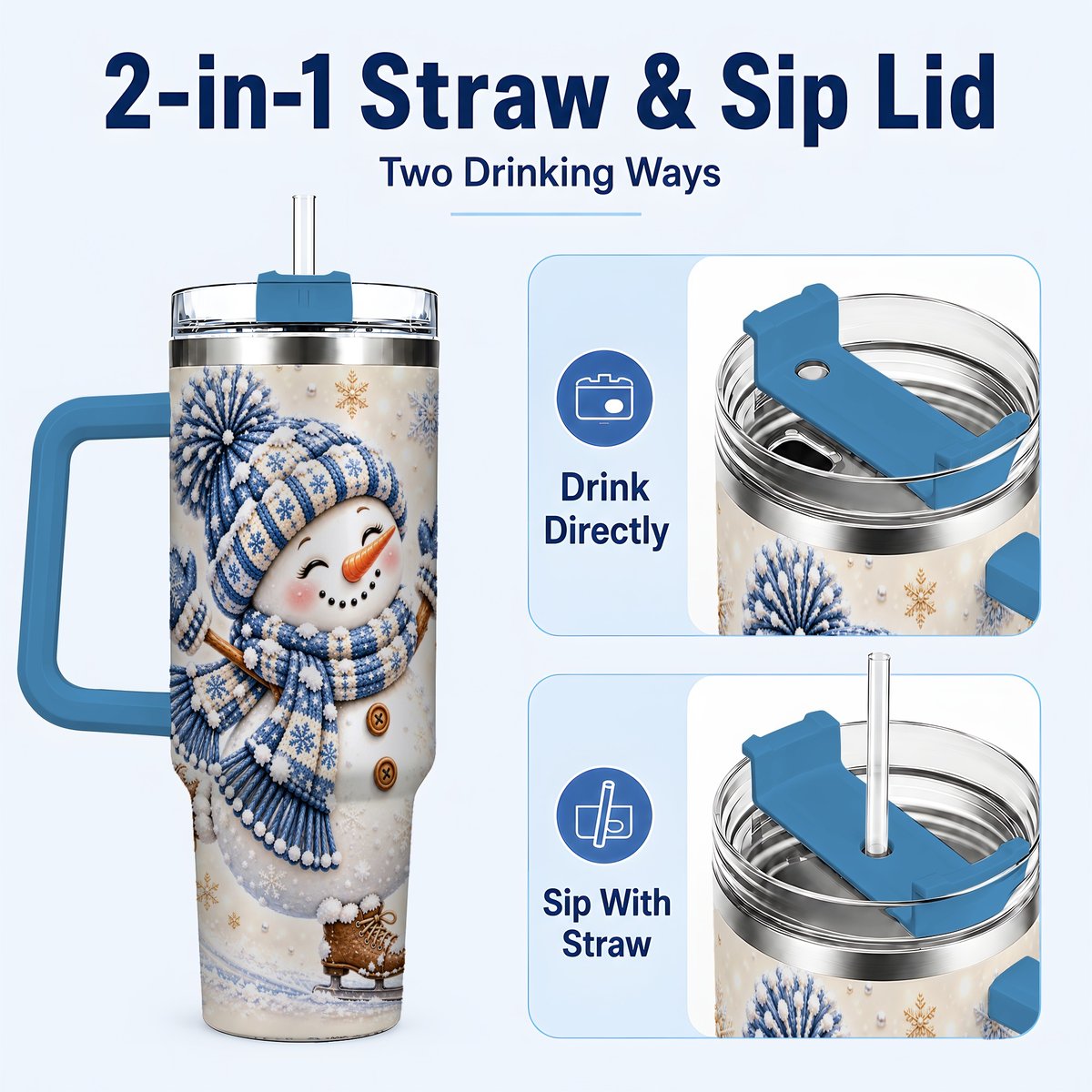 #pl[40oz|Blue] Ice Skating Snowman 40oz Tumbler with Handle, Winter Cup for Women