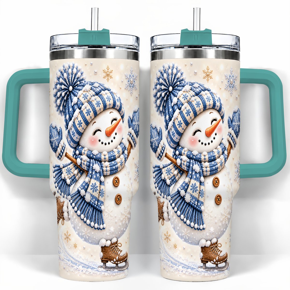 #pl[40oz|Green] Ice Skating Snowman 40oz Tumbler with Handle, Winter Cup for Women