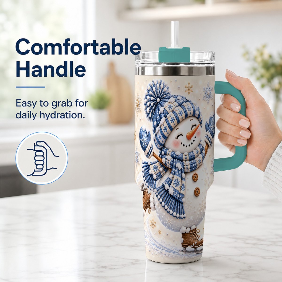 #pl[40oz|Green] Ice Skating Snowman 40oz Tumbler with Handle, Winter Cup for Women