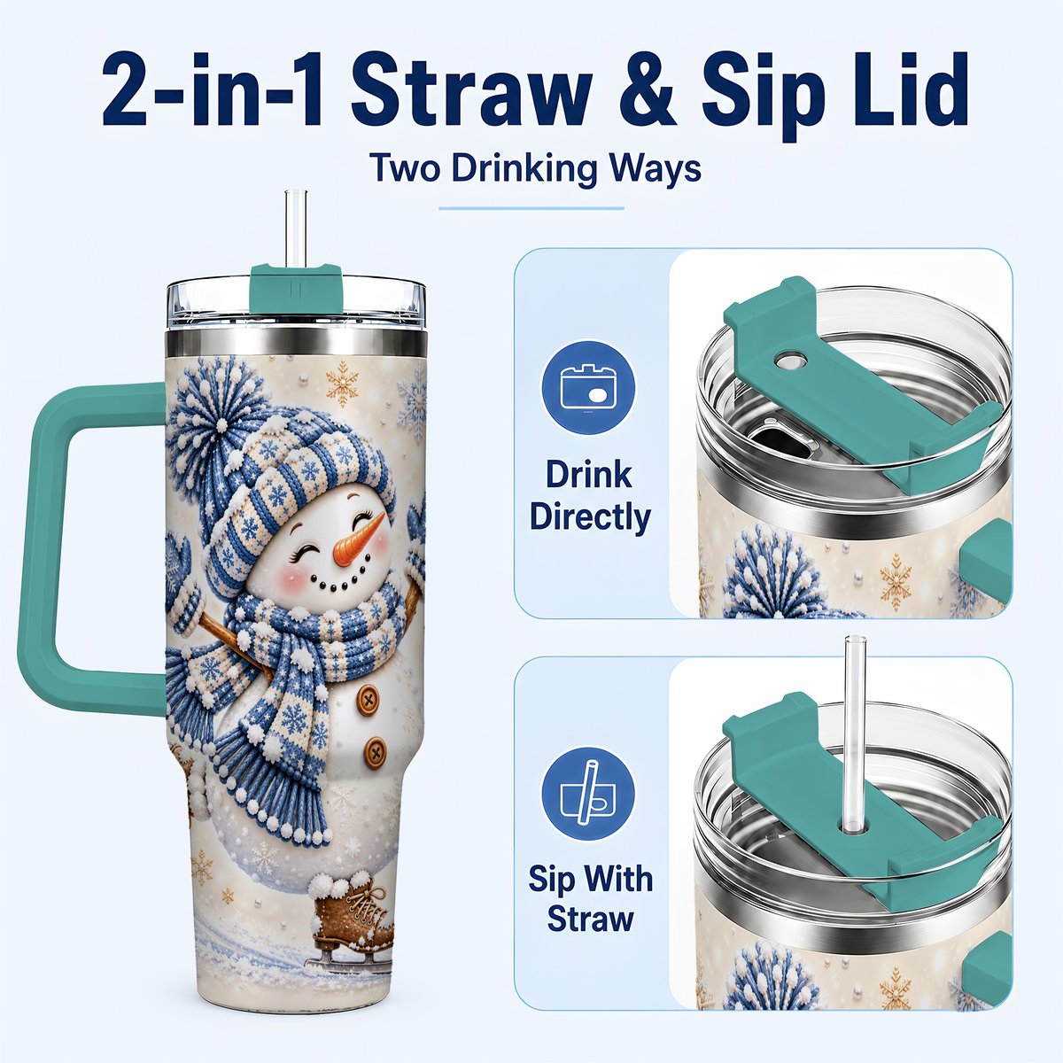 #pl[40oz|Green] Ice Skating Snowman 40oz Tumbler with Handle, Winter Cup for Women