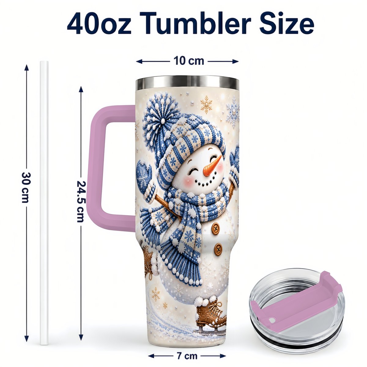 #pl[40oz|Pink] Ice Skating Snowman 40oz Tumbler with Handle, Winter Cup for Women