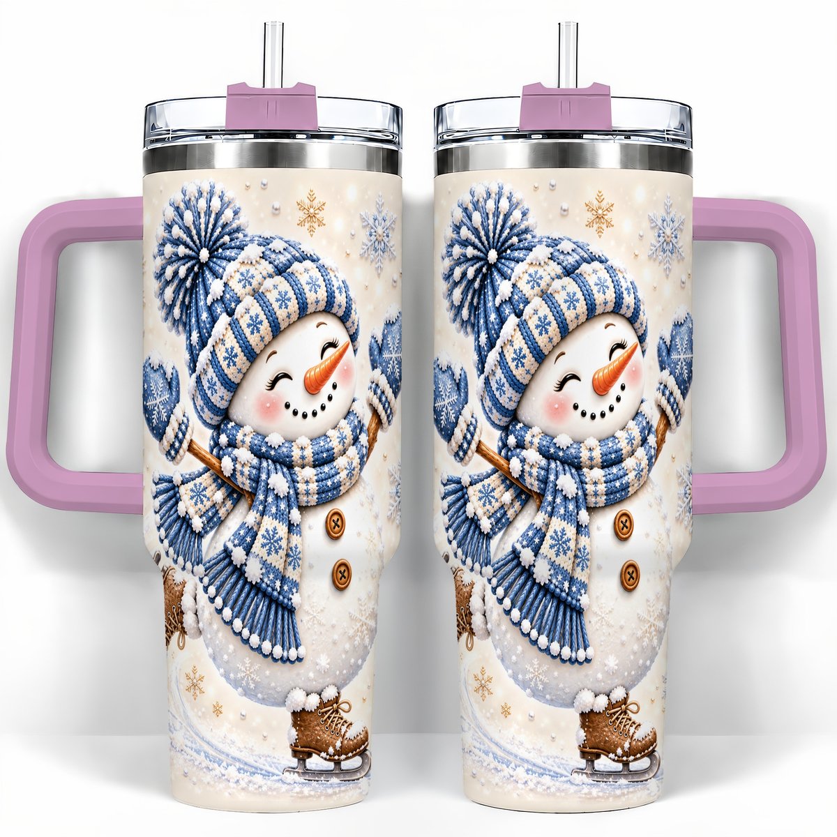 #pl[40oz|Pink] Ice Skating Snowman 40oz Tumbler with Handle, Winter Cup for Women