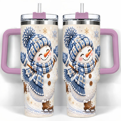 #pl[40oz|Pink] Ice Skating Snowman 40oz Tumbler with Handle, Winter Cup for Women