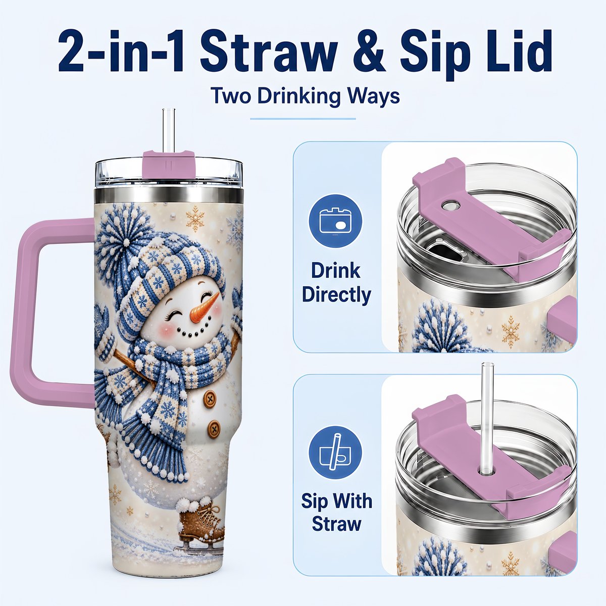 #pl[40oz|Pink] Ice Skating Snowman 40oz Tumbler with Handle, Winter Cup for Women
