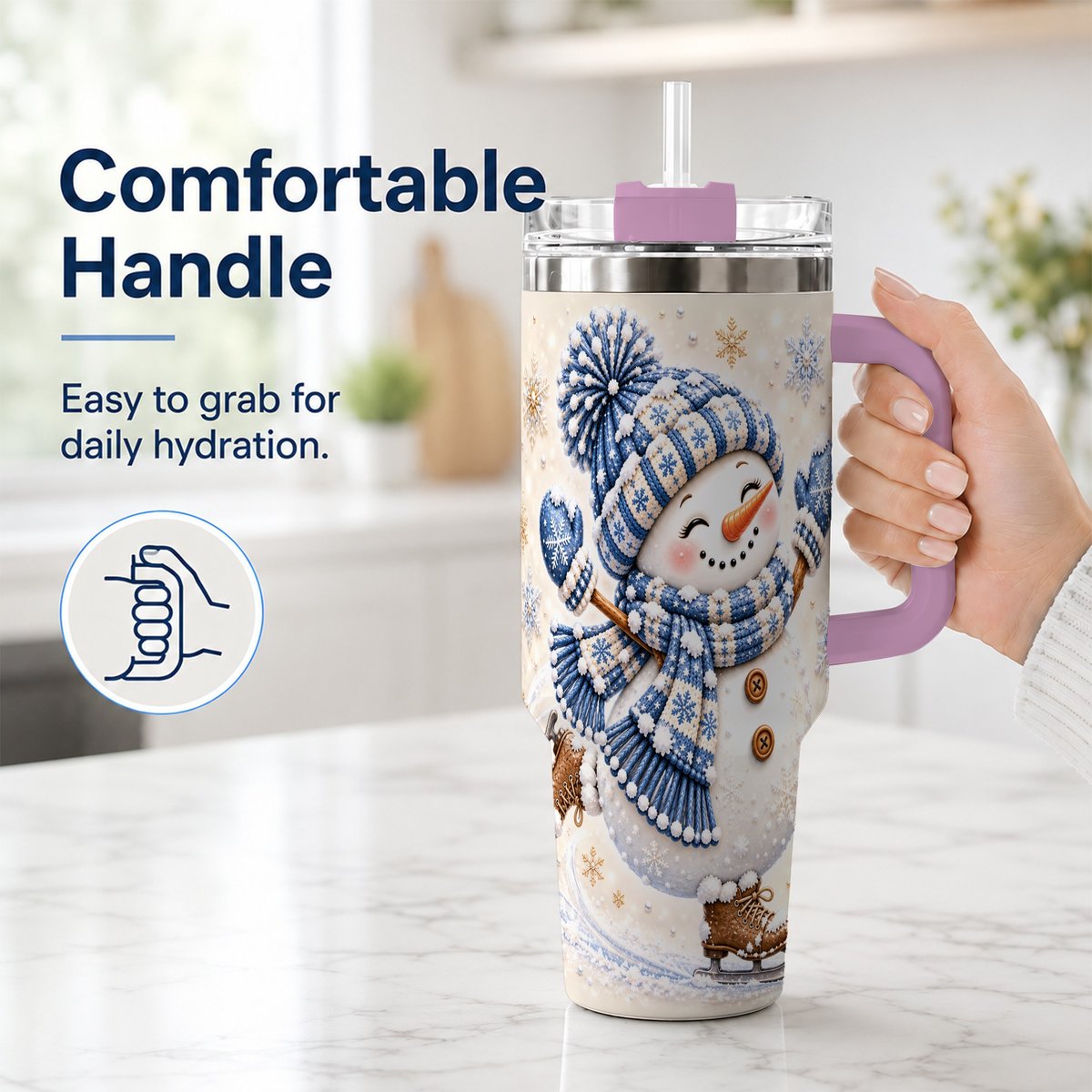 #pl[40oz|Pink] Ice Skating Snowman 40oz Tumbler with Handle, Winter Cup for Women