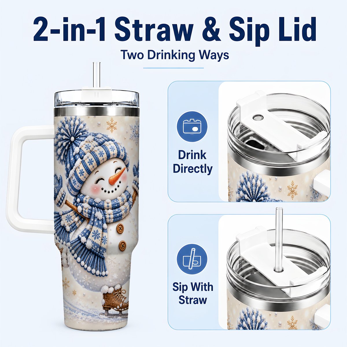 #pl[40oz|White] Ice Skating Snowman 40oz Tumbler with Handle, Winter Cup for Women