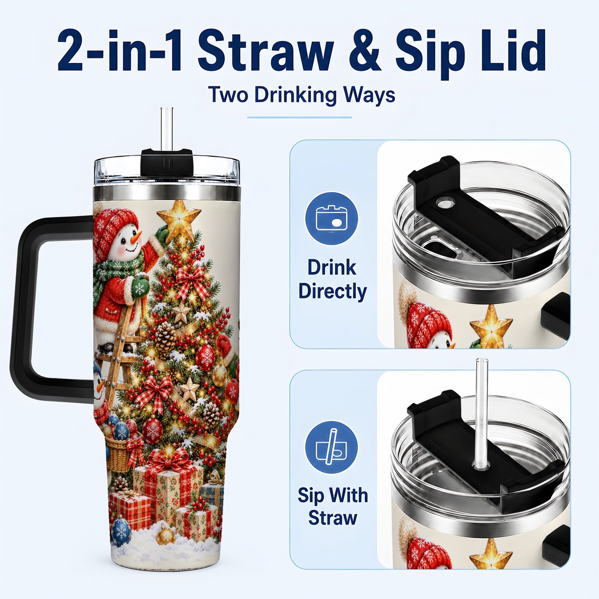 #pl[40oz|Black] Snowman Christmas Tree 40oz Tumbler with Handle, Holiday Travel Cup