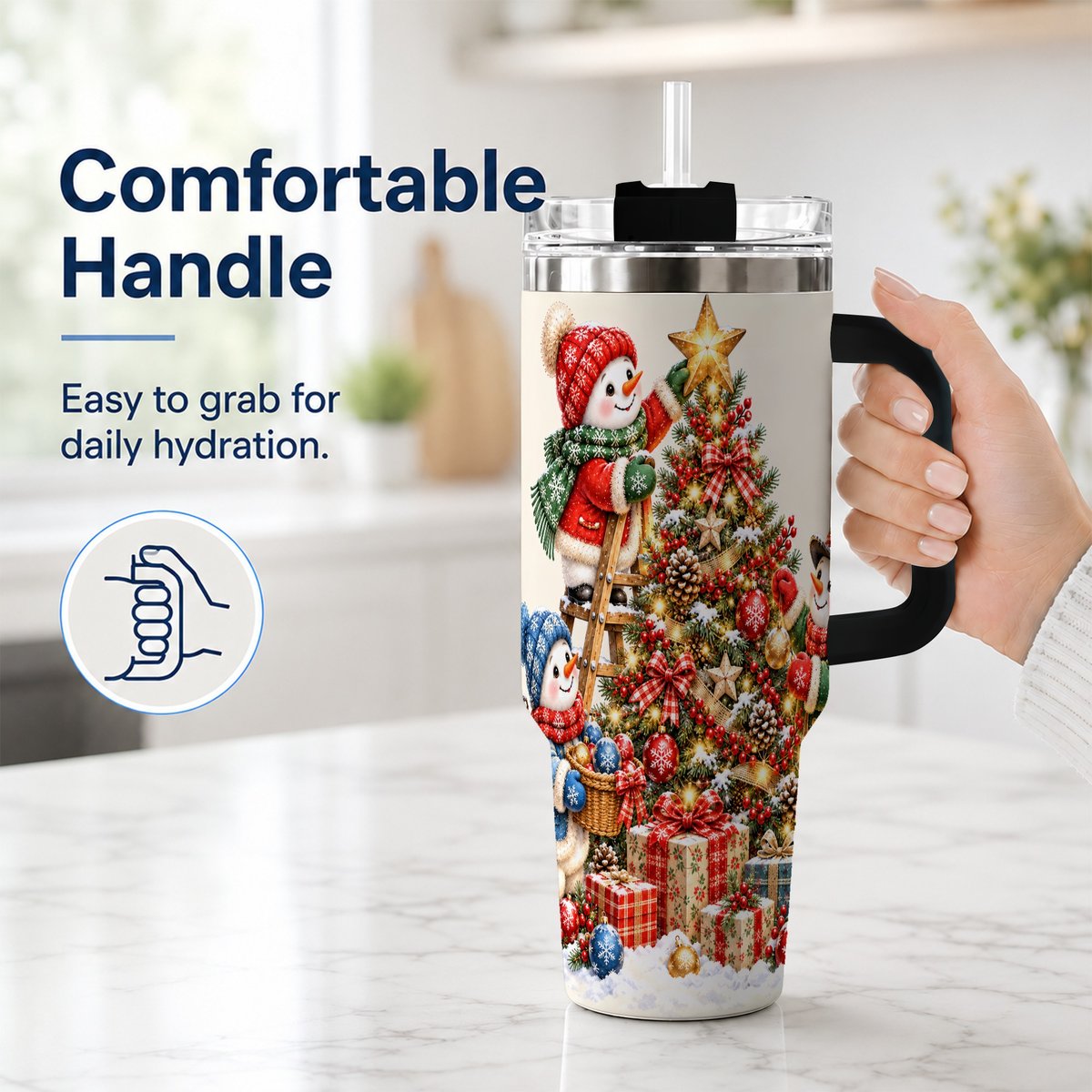 #pl[40oz|Black] Snowman Christmas Tree 40oz Tumbler with Handle, Holiday Travel Cup