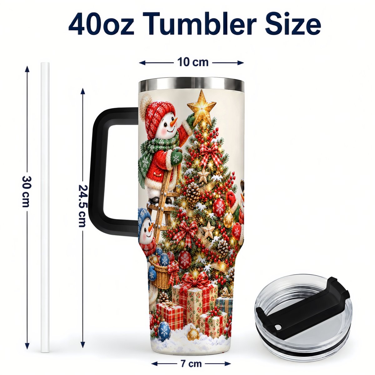 #pl[40oz|Black] Snowman Christmas Tree 40oz Tumbler with Handle, Holiday Travel Cup