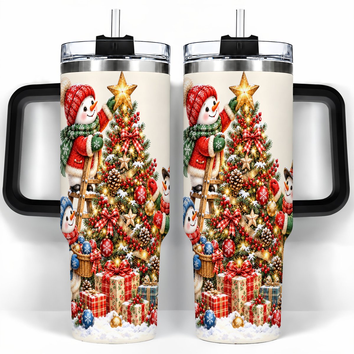 #pl[40oz|Black] Snowman Christmas Tree 40oz Tumbler with Handle, Holiday Travel Cup