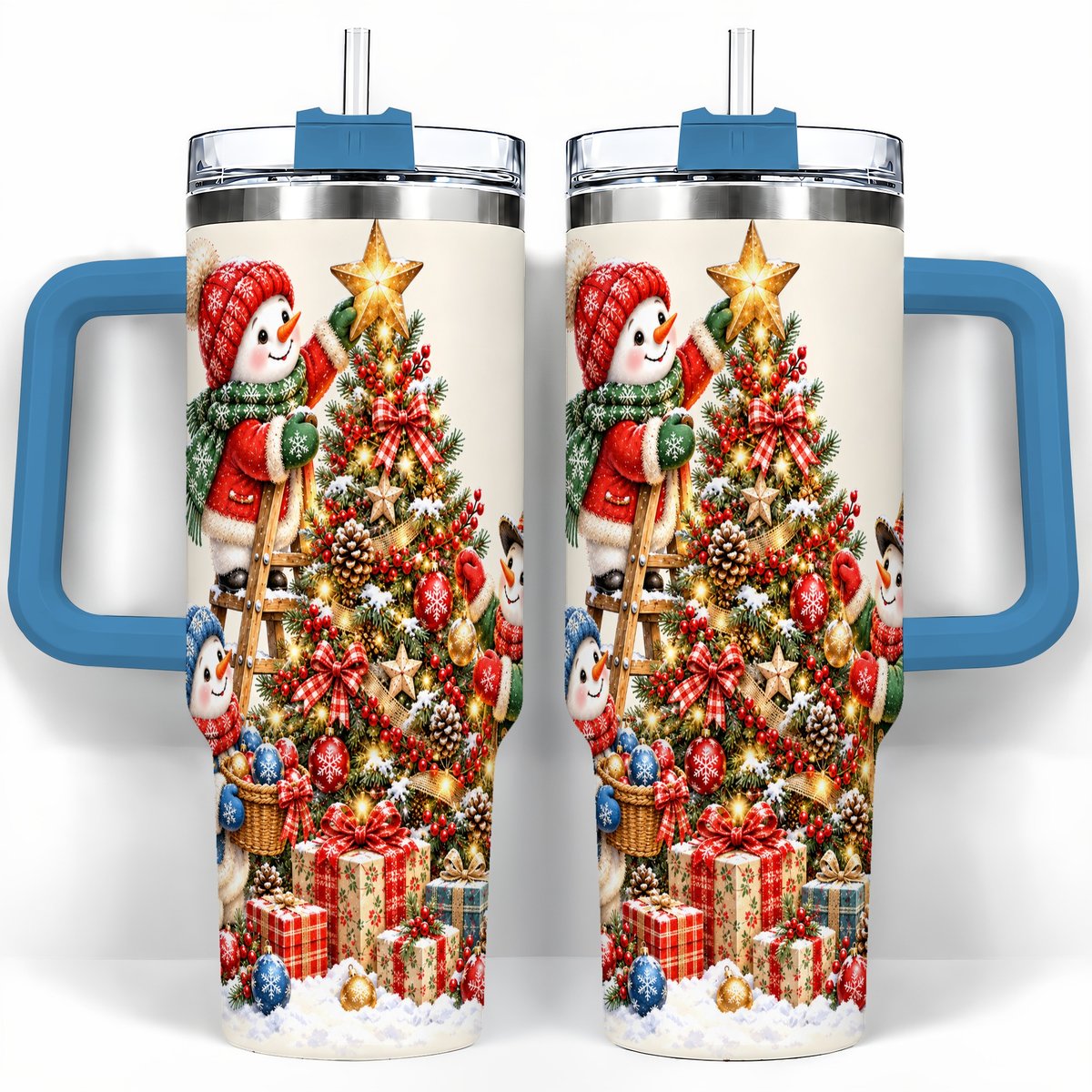 #pl[40oz|Blue] Snowman Christmas Tree 40oz Tumbler with Handle, Holiday Travel Cup