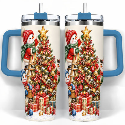#pl[40oz|Blue] Snowman Christmas Tree 40oz Tumbler with Handle, Holiday Travel Cup