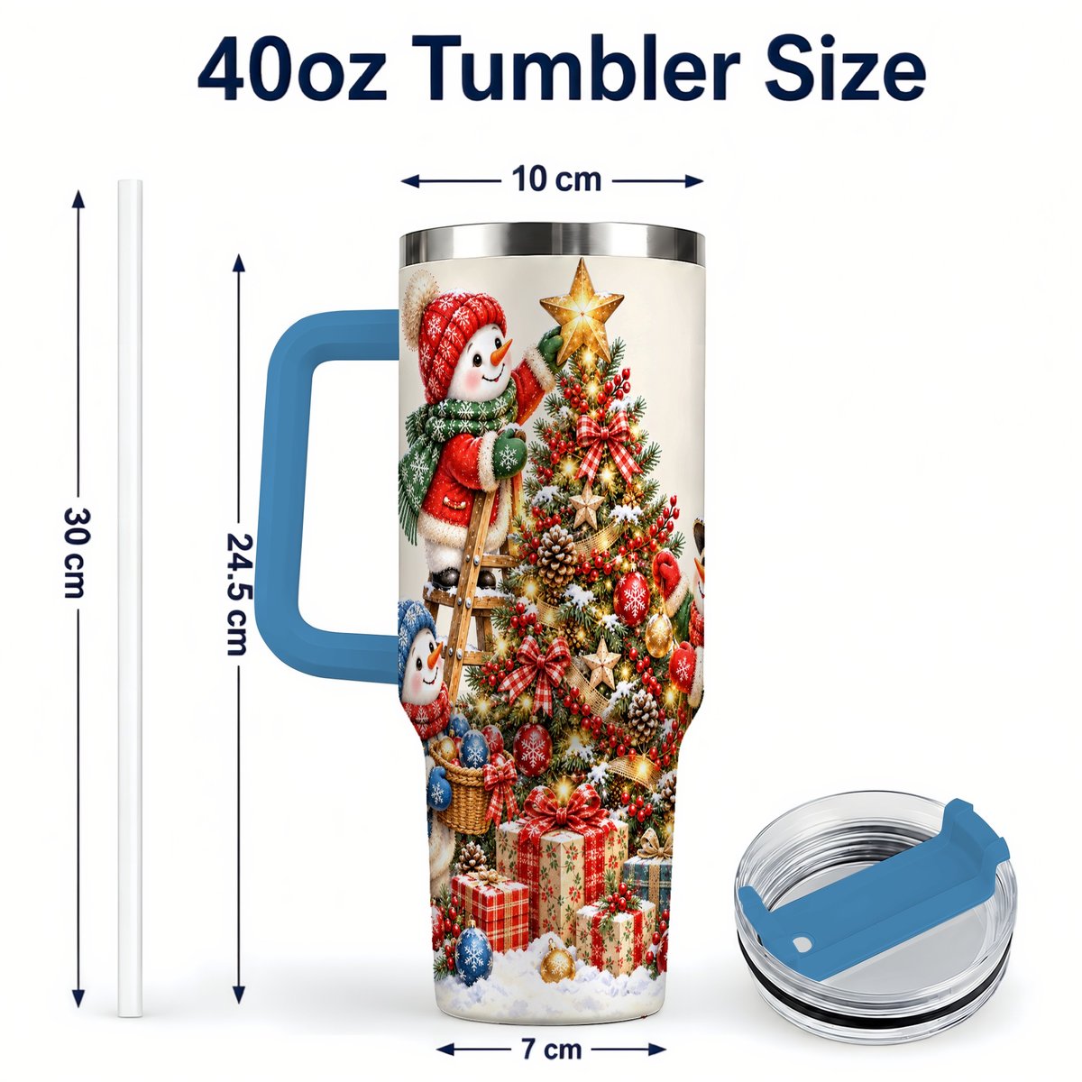 #pl[40oz|Blue] Snowman Christmas Tree 40oz Tumbler with Handle, Holiday Travel Cup