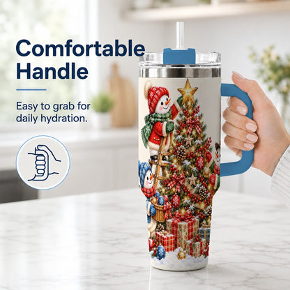 #pl[40oz|Blue] Snowman Christmas Tree 40oz Tumbler with Handle, Holiday Travel Cup