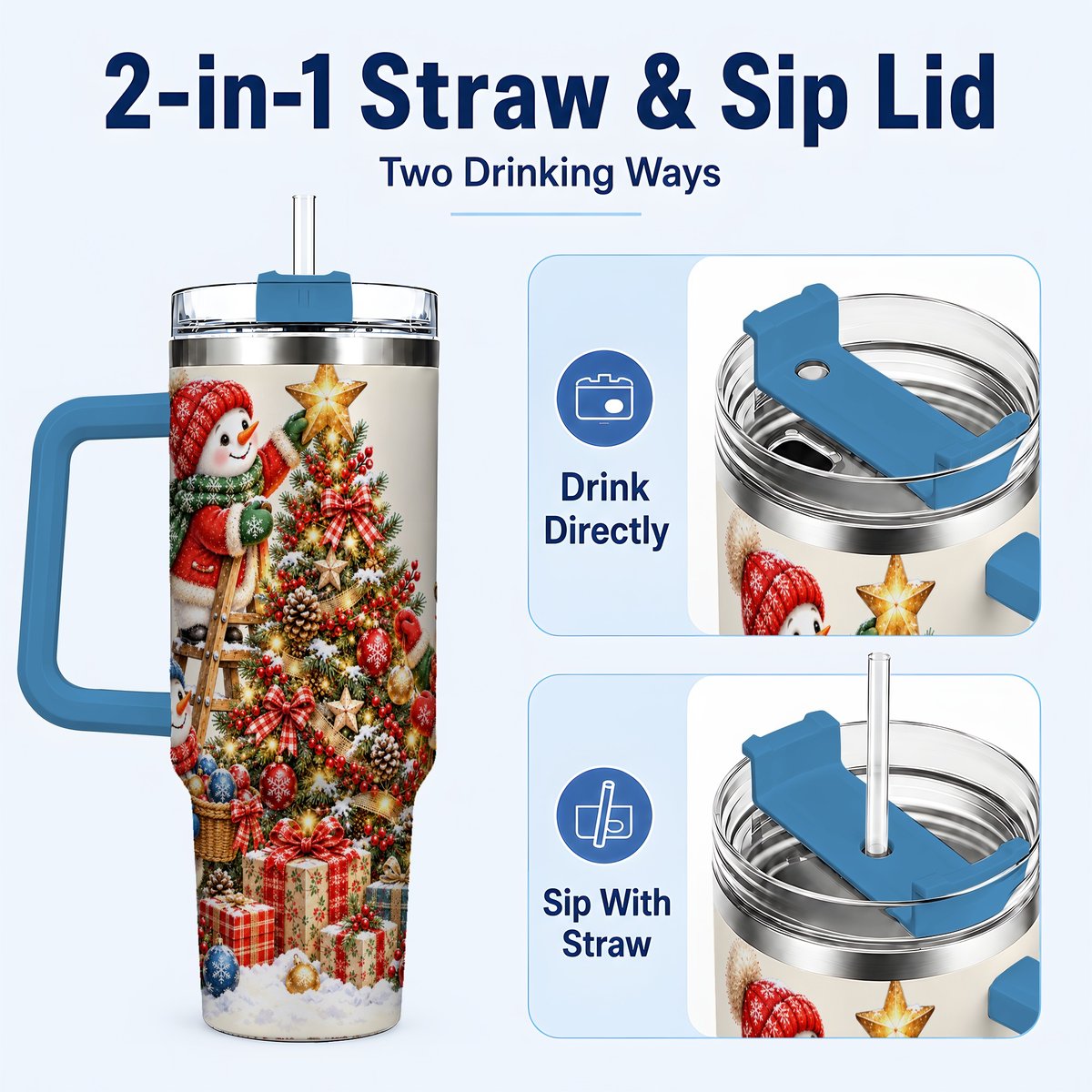 #pl[40oz|Blue] Snowman Christmas Tree 40oz Tumbler with Handle, Holiday Travel Cup